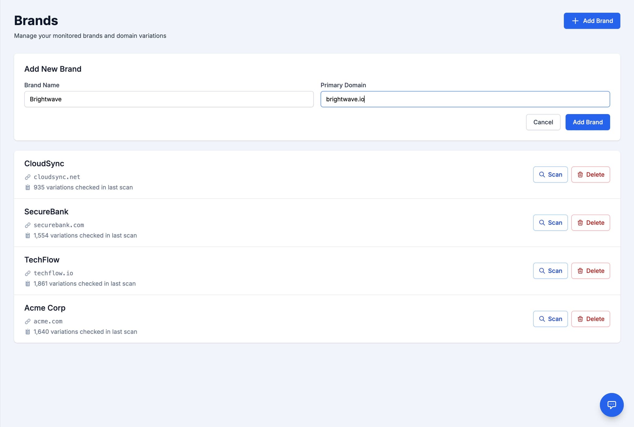 Brands page showing the Add Brand form with domain input and automatic variation generation